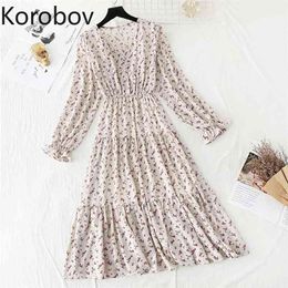Korobov Summer Chic Chiffon Dress Vintage Elastics High Waist A-Line Female Dresses Korean Sweet Flare Sleeve Vestidos Mujer 210430