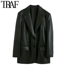 TRAF Women Fashion Faux Leather Loose Blazers Coat Vintage Long Sleeve Pockets Back Vents Female Outerwear Chic Tops 211122