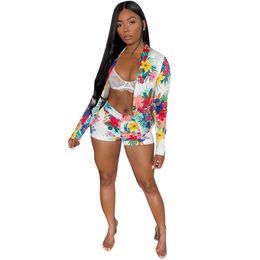 Floral Printed Long Sleeves Coat & Shorts Women Suit Hot Selling European and American Sexy Style Two Piece Set X0428