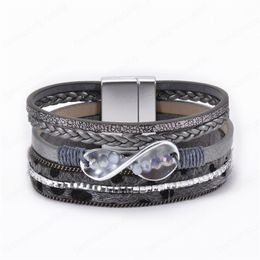 Fashion Multilayer PU Leather Bracelet Crystal Beads Magnet Buckle Bracelets Female Creative Wrap Bracelet Bangle Jewellery Gift