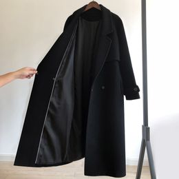 Korea Autumn And Winter Woollen Overcoat Women X-Long Loose Lacing Belt Black Grey Double Sided 100% Wool Coat Jacket