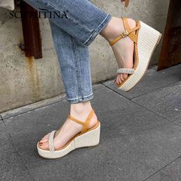 SOPHITINA Genuine Leather Summer Women Shoes Sandals Wedges Comfortable Dressing Sweet String Bead Ladies Beach Heels FO226 210513