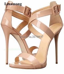 Women Classical Nude Patent Leather Gladiator Sandals Ankle Strap Cross Thin Heel Super High Shoes Dress