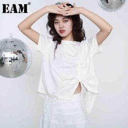 [EAM] Women white Drawstring Irregular Split Big Size T-shirt Round Neck Short Sleeve Fashion Spring Summer 1Y52100 21512