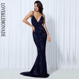 LOVE&LEMONADE Elastic Sequin V Collar Exposed Back Long Dress NAVY/SILVER/PINK/BLACK/RED/Champagne LM80119 210608