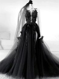 -Vestido de novia negro gótico sexy sin respaldo alto lado a línea vestidos nupciales de encaje largo boho playa vestidos de novia sin velo Vestido de Novia