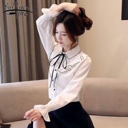 Femal Bow Long Sleeve Butterfly Shirts Women Tops Summer and Autumn White Chiffon Blouses 6553 50 210508