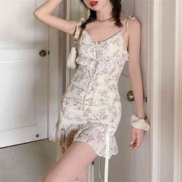 French Sexy Floral Strap Fairy Dress Summer Lace Retro Fishtail 210529
