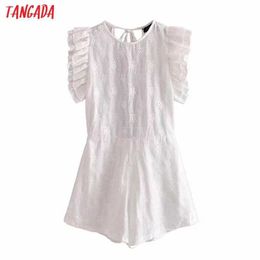 Tangada Women Vintage Floral Embroidery Cotton Playsuits Ruffles Sleeve Backless Bow Rompers Ladies Casual Chic Jumpsuits 3H542 210609