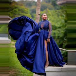 Elegant Royal Blue Beaded Evening Dresses Long Sleeves See Thru Sexy Satin With Train Plus Size Aso Ebi Prom Party Gowns