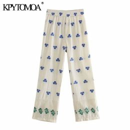 KPYTOMOA Women Fashion Floral Embroidery Straight Pants Vintage Elastic Waist Split Hem Female Ankle Trousers Mujer 210915