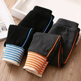 Winter Warm 2-10 Years Children Striped Colorful Patchwork Thickening Plus Velvet Pencil Pants Trousers For Kids Baby Girls 210529