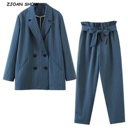 CHIC Double-breasted Button Women Striped Blazer Blue Elastic High Waist Harem Pants Long Sleeve Suits Set 2 pieces set 210429