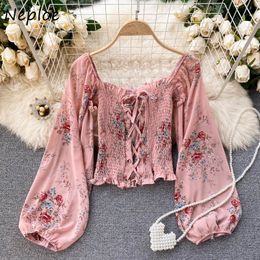 Neploe Square Collar Puff Long Sleeve Blouse Women Vintage Print Spring Chiffon Shirt Feminino Multicolor Blusas Mujer 210510