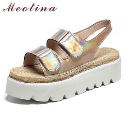 Meotina Genuine Leather Shoes Women Flat Sandals Round Toe Flat Platform Shoes Female Summer Leisure Sandals Lady Golden Sliver 210608