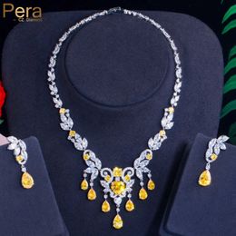 Pera Classic Yellow CZ Zircon Tassel Water Drop Pendant Necklace Earrings Sets for Women Bridal Wedding Jewellery Accessories J435 H1022