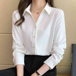 High Quality Satin Shirt Women's Loose Long Sleeve Temperament OL Formal White Metal Button Fashion Chiffon 210601