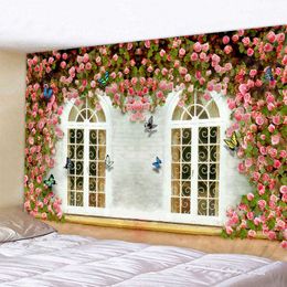 Flower Vine On The Window Print Wall Tapestry Hippie Wall Hanging Art Carpet Bohemian Decorative Living Room 210609