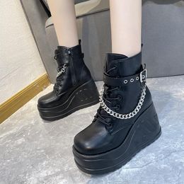 Boots Fashion Design 2021 Big Sizes 43 Platform High Heels Fashionable Autumn Winter Wedges Shoes Belt Buckle Chain Ankle Women