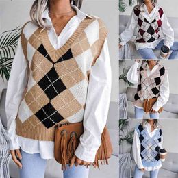 Top women knitted sweater vest pullover autumn college style loose V-neck elegant fashion casual diamond sweaters 210915