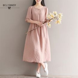 Mori Girl Summer Women Casual Dress Solid Cotton Linen Trumpet Short Sleeve Long Female 210520