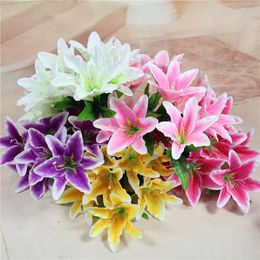 vases for table decorations UK - Cm 9 Head Lily Silk Artificial Flowers Diy Wedding Bridal Bouquet Festival Party Home Table Decoration Vase Fake Decorative & Wreaths