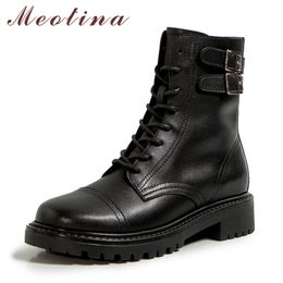 Meotina Buckle Real Leather Platform Mid Heel Motorcycle Boots Women Ankle Boots Shoes Zip Thick Heels Lace Up Short Boots Black 210520