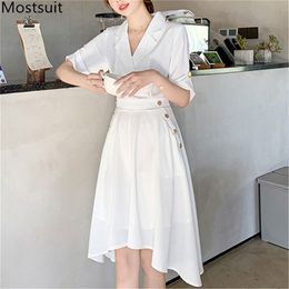 Summer White Office Ladies Women Dress Short Sleeve Notched Collar Asymmetrical Stylish Dresses Elegant Vestidos 210513