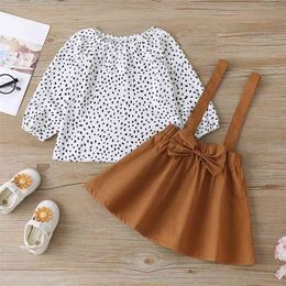 Winter Children Sets Casual Long Sleeve O Neck Dot T-Shirt Brown Solid Bow Suspender Skirt 2Pcs Girl Boys Clothes 2-6T 210629