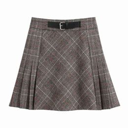 Streetwear Women Elegant Woolen Skirts Fashion Ladies Grey Plaid Vintage Female Chic High Waist Pleated Skirt 210430