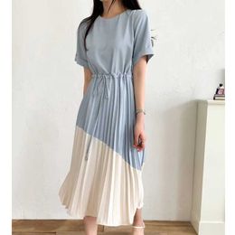 Korean Chic Summer Temperament Slim Contrast O Neck Short Sleeve Pleated Dress Women Sashes Robe Femme Vestido Mujer Elegant 210610