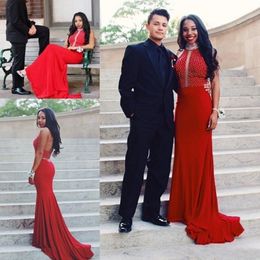 Sexy Red Mermaid Prom Dresses High Neck Illusion Major Beaded Pearls Formal Evening Party Gown Robe De Soiree