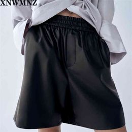 women elegant classic PU leather shorts strethy waist pockets female retro basic casual pantalones chic 210520