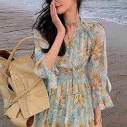 Summer Vintage Midi Dress Women Casual Design Elegant Floral Strap Dress Female Beach Dress Korean Offpce Lady 210521