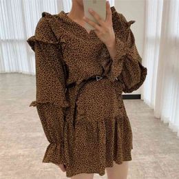 Korea Chic Autumn Retro Fashion Niche Leopard Print Small Ruffled Hem Age Reduction Long-sleeved Dress Female GX1266 210507