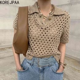 Women T-Shirt Summer Korean Chic French Retro Lapel Mesh Hollow Perspective Design Casual Short-Sleeved Sweater 210514
