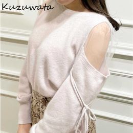 Kuzuwata Sexy Shoulder Strapless Drawstring Voile Patchwork Sweaters Autumn Chic Sweet Knitted Pullovers Japan Style O-neck Tops 210922