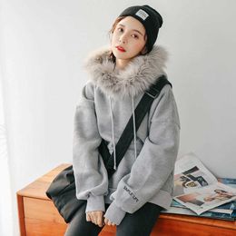 Women's Winter Fur Collar Hoodie Pullovers Womens Tops Loose Letter Print Oversized Sweatshirt Thick Warm Coat 210607