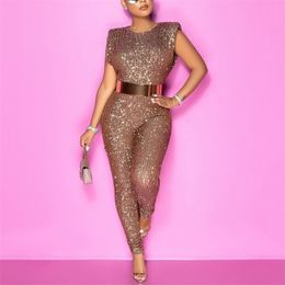 Spring Sequined Jumpsuits Sleeveless High Waist Bodycon Shinny Elegant For Evening Party Night Club Rompers & Jumpsuits 211119