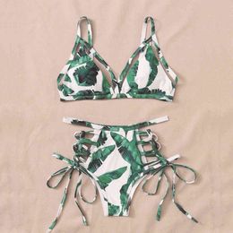 High Waist Bikini Set Swimsuits Push Up Swimwear Women Criss Cross Halter String Biquini Brazilian Green Leaf Bathing Suits 210520