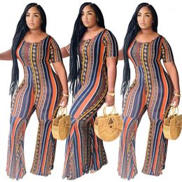 Women's Jumpsuits & Rompers 2021 Women Striped Print Short Sleeve O-neck Wide Leg Bodycon Jumpsuit Sexy Club Party One Piece Romper Overalls