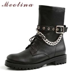 Meotina Autumn Motorcycle Boots Women Natural Genuine Leather Chain Flat Ankle Boots Buckle Round Toe Shoes Ladies Winter 34-39 210608