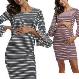 black 15 dresses UK - Pregnancy Dress Fashion Pregnant Women Casual Dresses Ladies Striped Round Neck Flared Sleeve Maternity Dress Clothing Q0713