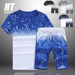 Casual Men Tracksuit Set Summer Gradient Splash Ink Suit 2 Pieces T Shirts+Shorts Gym Fitness Slim Fit Sportswear Men Jogger 210603