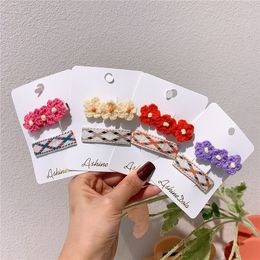 2 Pcs New Korean Sweet Girl Baby Cute Woolen Flower Hairpin Fashion Children's Fabric Plaid Square BB Clip Kids Hair Accessories