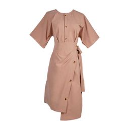 PERHAPS U Coral O Neck Button Short Sleeve Mini Dress Elegant Solid Summer Office Lady Women Female D0982 210529