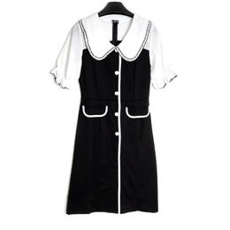 PERHAPS U Black Patchwork Peter Pan Collar Single-breasted Lantern Short Sleeve Mini Dress A Line Pocket Vintage Summer D1501 210529