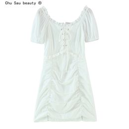 Fashion French Sweet White Chic Ruffles Mini Dress Women Casual Summer Short Sleeve Split Dresses Female Vestidos 210508