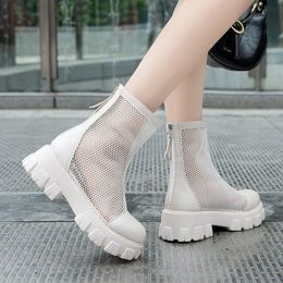 2021 Top Quality Summer Ankle Boots Mulheres Chunky Salto Joelho Comprimento Botas Mulher Sapatos Marca Feminino Redondo Toe Zipper Botas Lasdies Moda Conforto