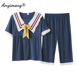 Navy Collared Chic Women's Pyjama Set Summer Shorts Cotton Homewear Big Size 3xl 4xl 5xl Woman Sleepwear Soft 210809